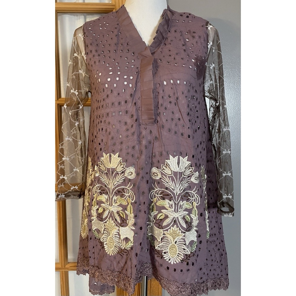 Floral Embroidered Eyelets Hi-Low Blouse S Mauve Sheer Sleeve Boho Cottagecore